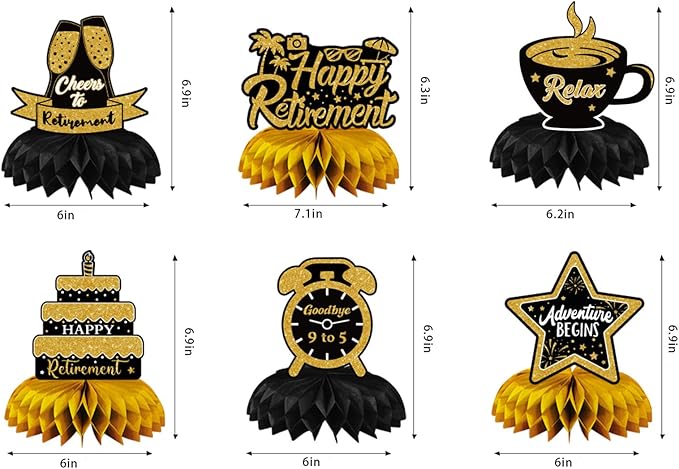 Retirement Party Decorations Kit for Men Women, Black Gold Happy Retirement Banner with 6PCS Honeycomb Centerpiece,5.9 x 3.6Ft, Black Gold Office Yard Sign for Farewell Decorations Party Supplies