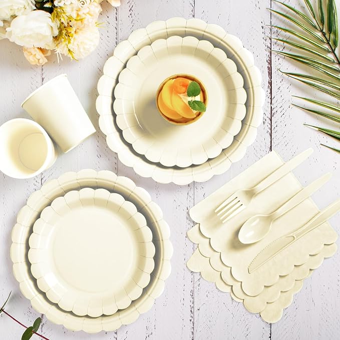 Vyntra 175 Pcs Ivory Disposable Paper Plates and Napkins Set for 25, 9" Dinner Plates & 7" Dessert Plates, Tableware for Wedding, Bridal Shower, Anniversary, Party