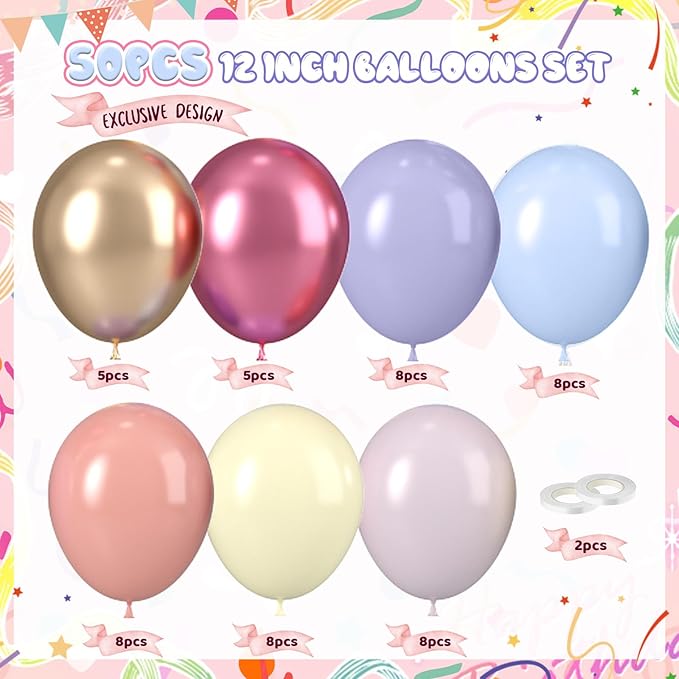 Pastel Balloons, Spring Balloons 50pcs 12 Inch Magenta Macaron Pastel Yellow Blue Pink Blue Purple Metallic Gold for Girl Garden Birthday Rainbow Theme Party Spring Baby Shower Wedding Decorations
