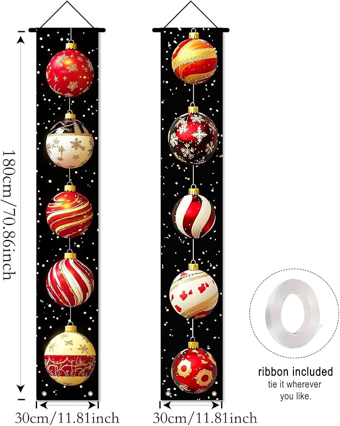 Nuxovilar Christmas Decorations Outdoor Yard Front Porch Sign Set, Black Background Christmas Ball Door Banners, Hanging Decor for Home Wall Yard
