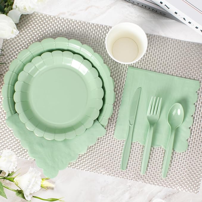 Vyntra 350 Pcs Sage Green Birthday Paper Plates and Napkins Set for 50 Guests, Disposable Party Supplies