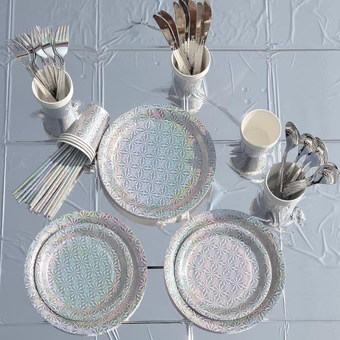 201-piece disposable party tableware set with paper plates, cups, napkins, straws, tablecloths, plastic knives, forks and spoons for a variety of party occasions for up to 25 people (Silver Snowflake)