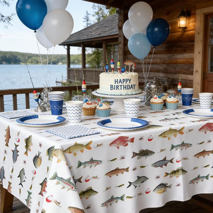 4 Pack Fish Tablecloths, Fishing Birthday Party Decorations, Gone Fishing Plastic Tablecloths for Bass Ofishally One Birthday Decorations, 54" × 108"