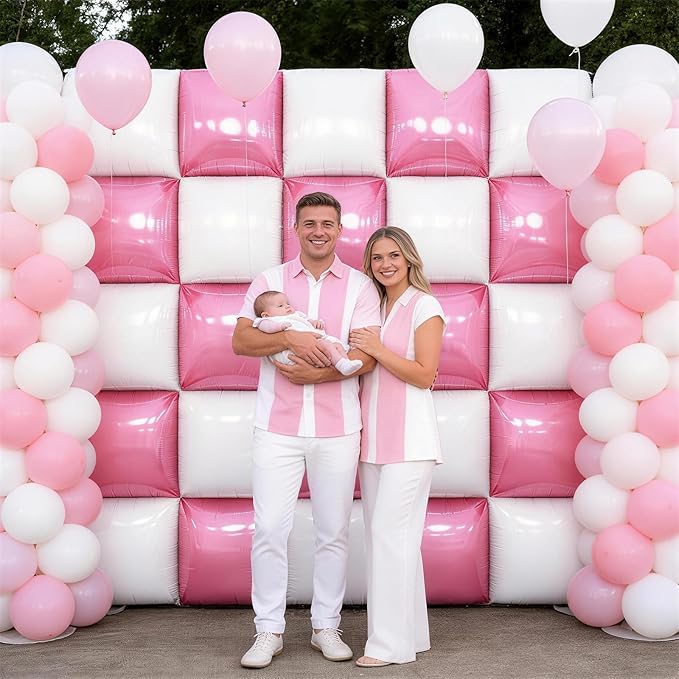 Pink White Square Foil Balloon Wall,25Pcs Double Sided Foil Balloons Backdrop Helium Polyester Tunnel Arch Garland Kit for Birthday Bridal Anniversary Baby Shower Party Decorations