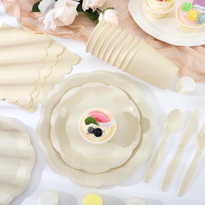 175 Pcs Ivory Plates and Napkins Set, 25 Guest Ivory Party Supplies Include Scalloped Plate Paper Napkin Cup Fork Knives Disposable Plastic Cutlery for Birthday Wedding Baby Shower Party