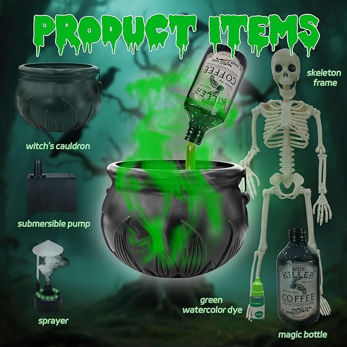 Halloween Decorations Indoor, Black Plastic witches cauldron, Cauldron Halloween Decor - DIY Floating Potion Set with Magic Floating Potion Bottles and Diffuser, Decoration for Spooky Vintage