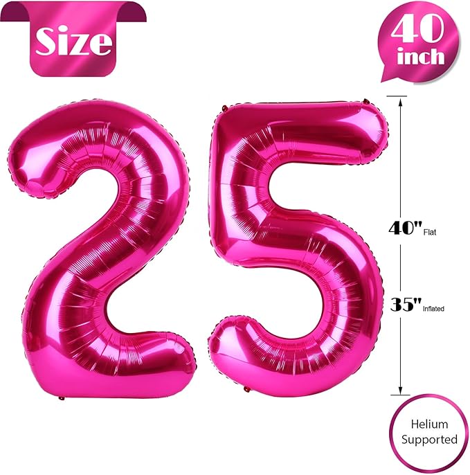 Hot Pink Number 25 Balloons 40 inch, 25 Number Balloons, 25th Birthday Decorations, 25 Year Old Women Hot Pink Party Supplies