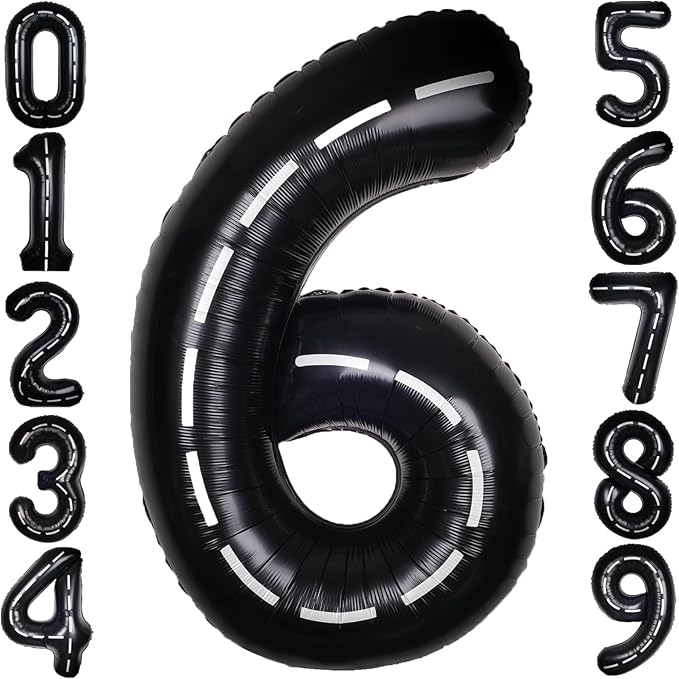 Race Car 40Inch Black 6 Balloon Number Large Helium Race Track 0-9 Giant Digital 6th Foil Mylar Big Party Number Balloons for Boy Birthday Car Theme Party Anniversary Graduation Decorations