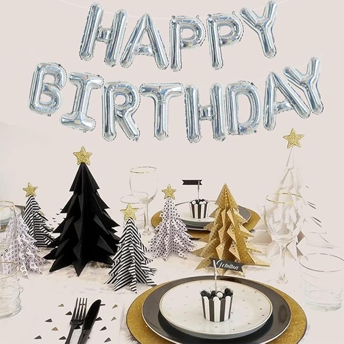 TONIFUL Laser Silver Happy Birthday Balloon Banner 16 Inch Mylar Foil Letters Birthday Sign Bunting Reusable for Girls Boys Kids & Adults Birthday Decorations and Party Supplies