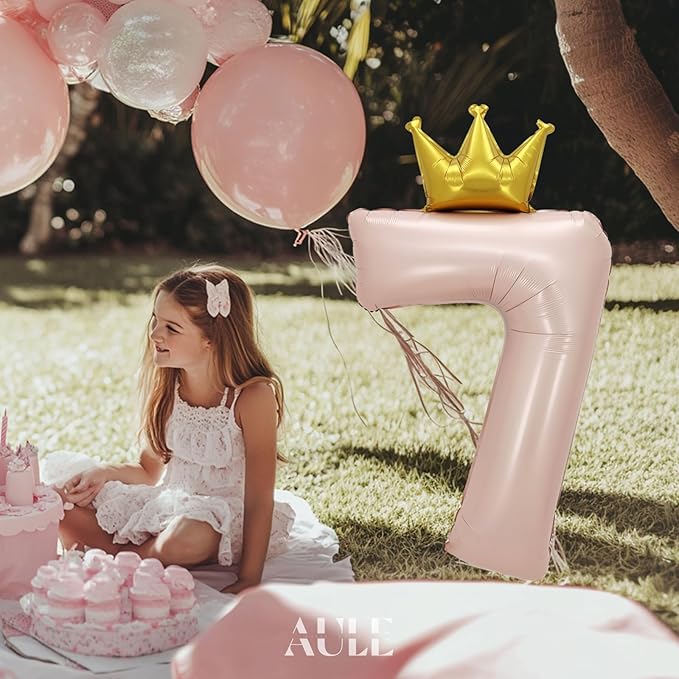 AULE 40 Inch Big Pink 7 Balloon Number with Crown Large Foil Helium Number Balloons 0-9 Jumbo Giant Happy 7th Birthday Party Decorations Huge Mylar Anniversary Party Supplies