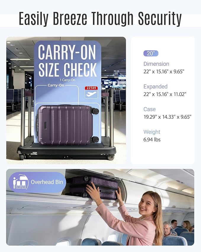 LIGHT FLIGHT Carry On Luggage 22x14x9 Airline Approved, Expandable Carry On Suitcases with Wheels, Lightweight Luggage, Durable Hard Shell 20 Inch Rolling Suit Case for Men Women Travel, Lilac Purple
