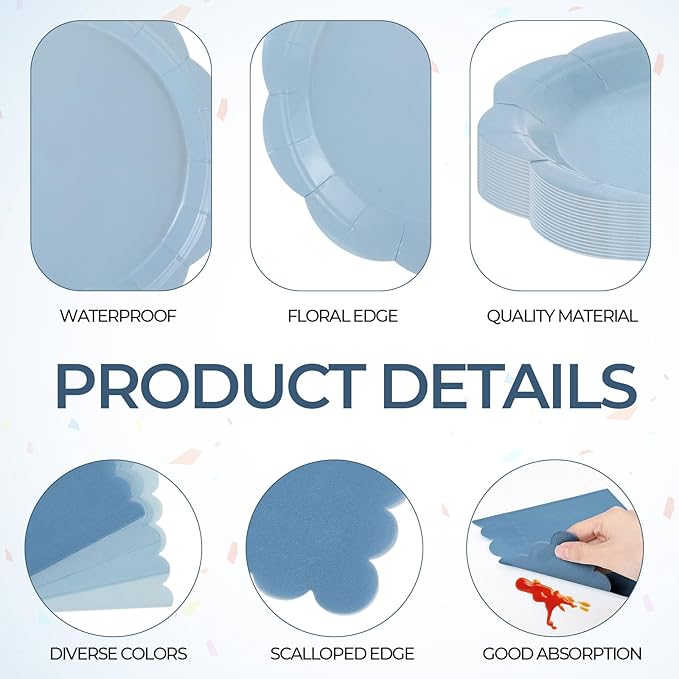 Qinyoung 388 Pcs Dusty Blue Plates and Napkins Party Supplies Tableware Include Disposable Scalloped Plate Paper Napkin Cup Plastic Cutlery for Baby Shower Party Wedding Birthday, 48 Sets