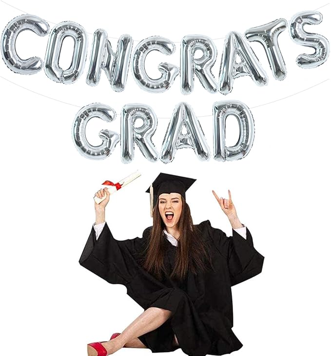 TONIFUL 2026 Congrats Grad Balloons - 16 Inch Silver Congrats Foil Balloons Banner Reusable Material for Graduation Party Graduate Congratulations 2026 Congrats Grad Decorations