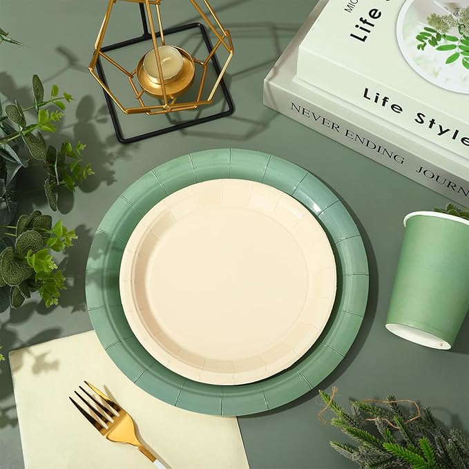 Whaline 100Pcs Ivory Sage Green Tableware Set Wedding Disposable Dinnerware 50Pcs Paper Plates 25Pcs Napkin 25Pcs Cups For Birthday Party Supplies Table Decor