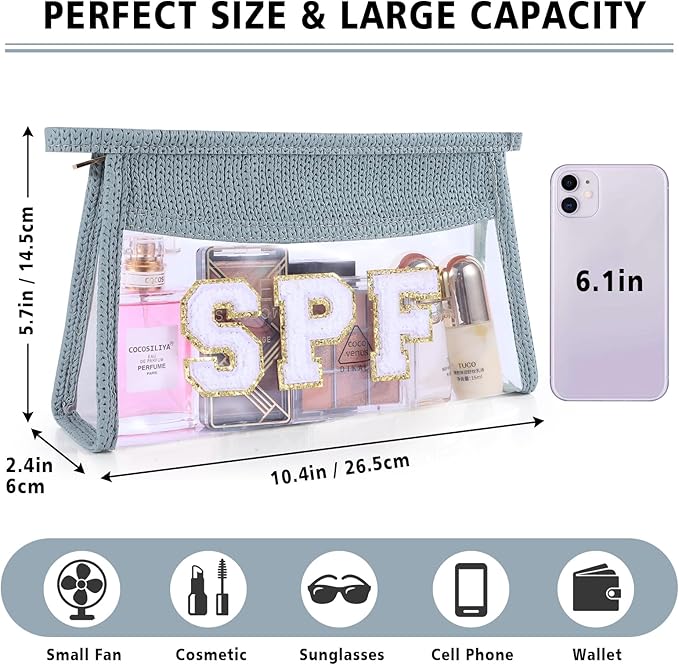 SPF Sunscreen Bag Clear Makeup Bag Chenille Letter SPF Cosmetic Zipper Pouch Summer Beach Essential Cute Toiletry Pouch Travel Accessories Gifts for Women