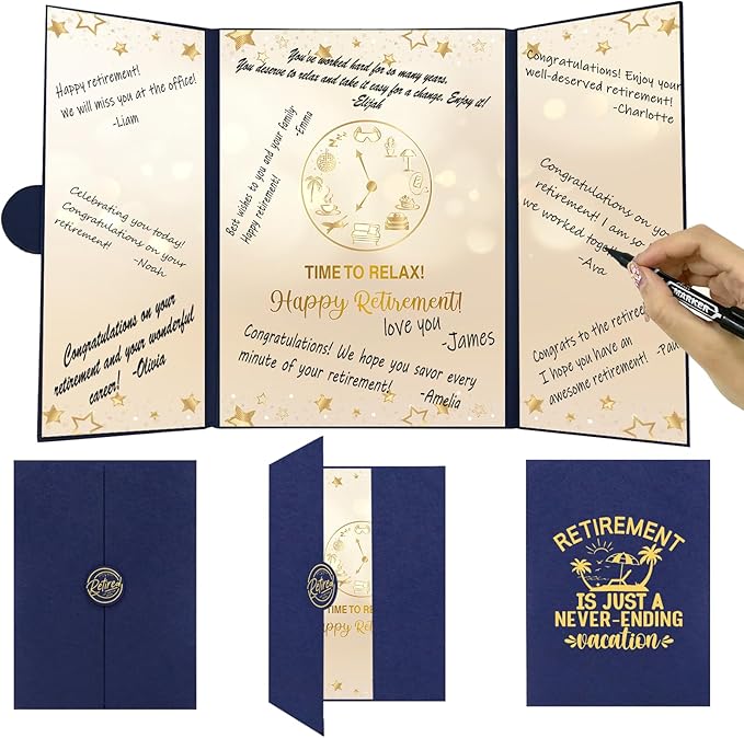 Trgowaul Retirement Party Decorations, Happy Retirement Guest Book Alternative, Blue Gold Happy Retirement Signature Book, Funny Card Congrats Retired Party Supplies Gifts Sign for Men Women Coworkers