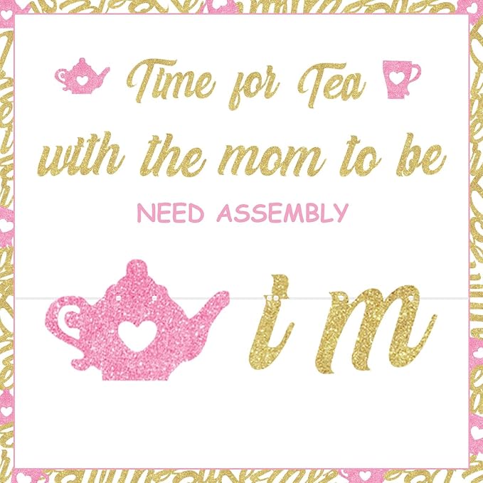 Cheereveal Pink Gold Glitter Tea with Mom to Be Banner, Vintage Teacup Teapot Printed Sign for Afternoon Tea Baby Shower Pregnancy Announcement Gender Reveal Party Decorations Supplies