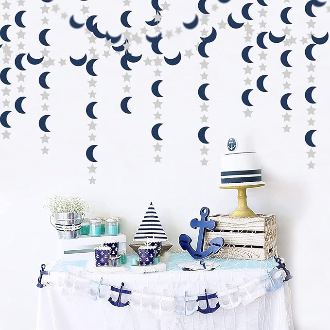 Navy-Blue Silver Moon-Star Party-Decorations Garland - 52Ft Twinkle Little Star Hanging Decoration Streamers Banner, Eid Ramadan Mubarak Decoration Birthday Wedding Baby Shower Party Decor Panduola