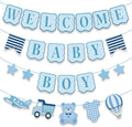 Baby Boy Baby Shower Banner, 4 PCS Pre-strung Blue Gingham Welcome Baby and Body Cloth Banner for Baby Boy Shower Party Decoration (welcome baby boy)