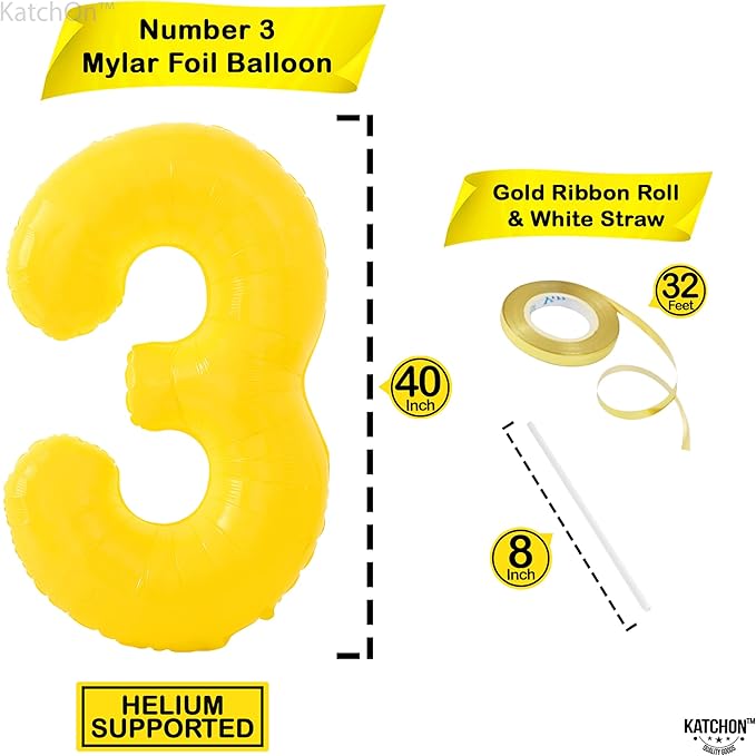 KatchOn, Big, Yellow 3 Balloon Number - 40 Inch | Yellow Three balloon for 3 Year Old Balloons | 3rd Birthday Decorations for Boys | 3 birthday Balloon, Honey Bee Party Decorations