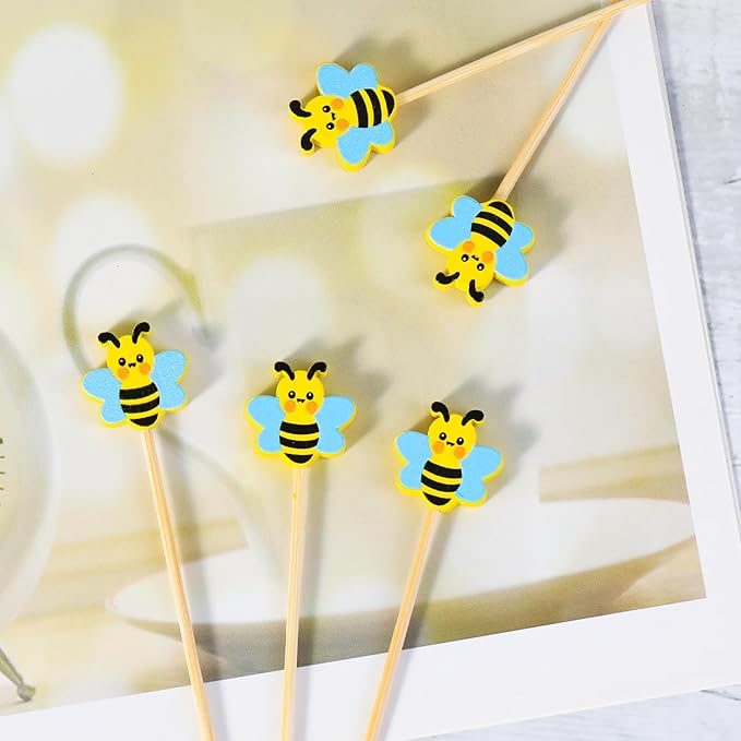 100Pcs Bee Cocktail Picks Cute Honeybee Theme Baby Shower Springtime Decor Long Toothpicks Fruit Sticks Skewers for Appetizer Charcuterie Food Garnish, Spring Decorations Themed Party Supplies