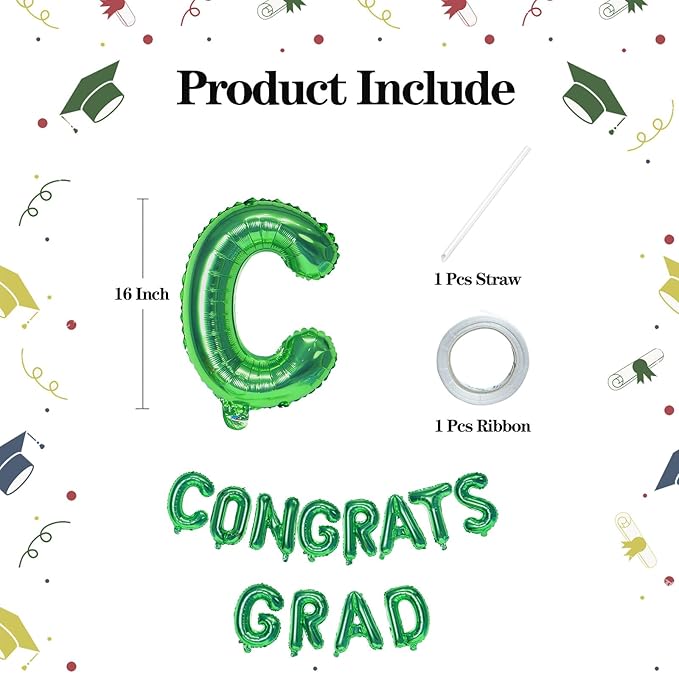 KALOR 16 Inch Green Congrats Grad Banner Balloons, Green Congrats Grad Letters Sign, Graduation Decorations 2026 for Graduation Party Decorations 2026