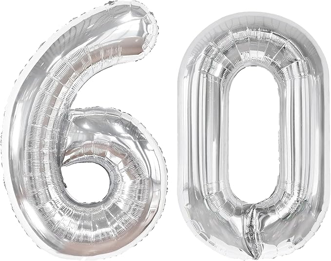 40 Inch Silver Number 60 Digital Balloon,Jumbo Mylar Foil Helium Balloon for 60 Balloons for Birthday Party,Wedding Anniversary Party Decorations
