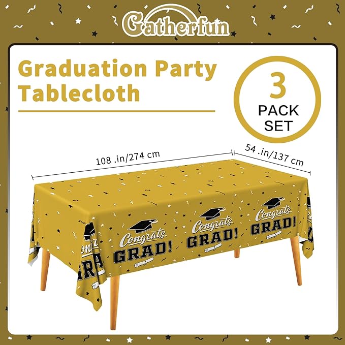 Gatherfun Graduation Tablecloths Graduation Party Table Decorations Waterproof Plastic Rectangular Disposable Table Cover for Congrats Grad Party Supplies 3PCS 54x108 Inch, Gold