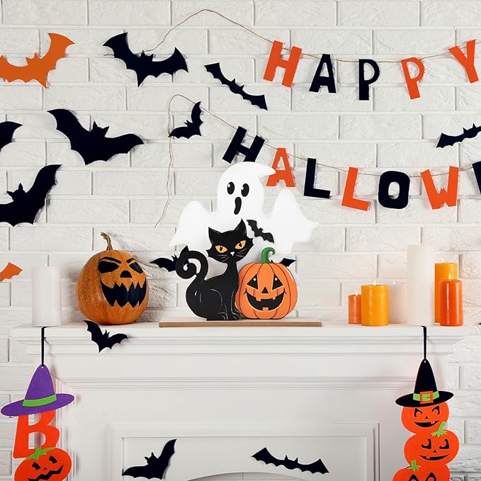 Halloween Decorations Indoor Wooden Black Cat Halloween Decor Ghost Table Sign Pumpkin Table Centerpieces Standing Tabletop Decoration for Holiday Desk Tiered Tray Party Shelf Decorations Farmhouse