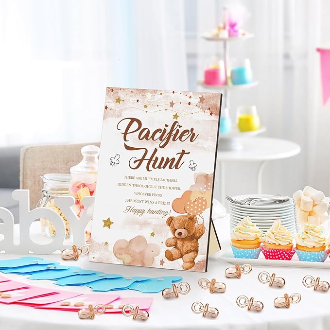 Thyle 51 Pcs Brown Bear Pacifier Hunt Baby Shower Games Bear Themed Baby Shower Game Decoration Include Hunt Sign and 50 Acrylic Pacifiers Gift Sets for Gender Reveal Newborn Announcement Party Decor