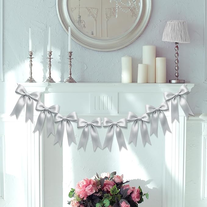 2 Strings of 16PCS Silver Bow Garlands Banner Decoration,Pre-Strung Satin Ribbon Ornaments for Birthday,Bachelorette Party,Bridal Shower,Wedding,Engagement,Baby Shower,Graduation Decor,Anniversary