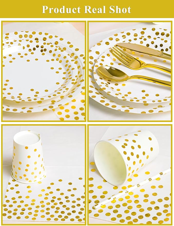 141 Pieces White Gold Party Supplies, Disposable Party Decorations Sets Include Paper Plates Napkins Cups, Plastic Forks Knives Spoons, for Baby Shower Birthday Wedding -20 Guests