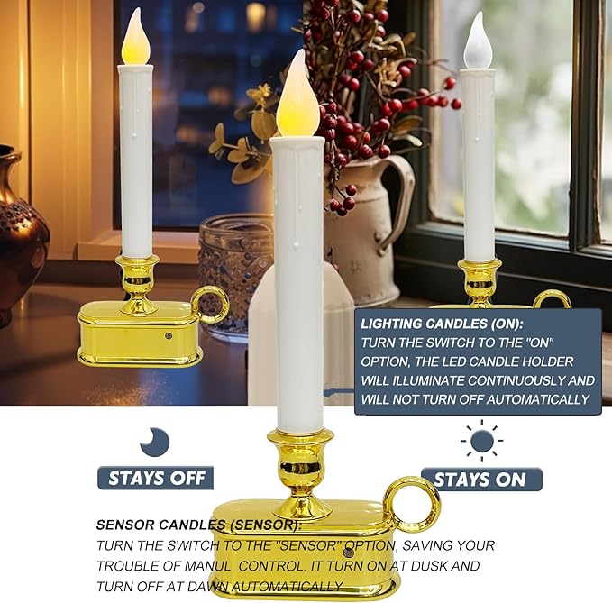 Set of 4 Battery Operated LED Window Candles with Dusk to Dawn Sensor, Flicker Flame Christmas Candles with Gold Base, 10 Inch Flameless Taper Candle Lights for Table Window Bedroom Christmas Decor