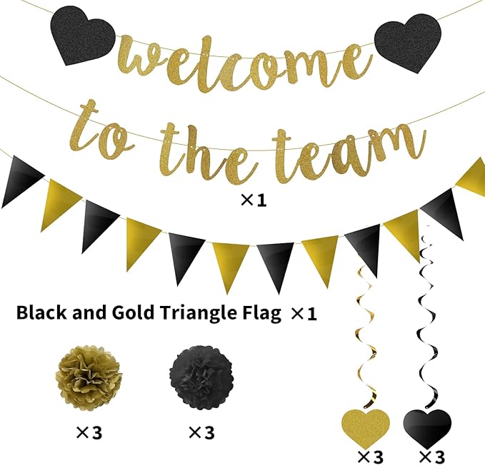 Welcome to The Team Banner Black Gold Glittery Welcome Banner for New Employee Team Member Coworker Staff Colleague New Teacher Welcome Party Banner Garland Decorations Welcome Banner for Office Party