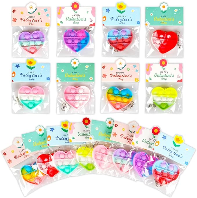 56Pack Prefilled Valentines Day Pop Fidget & Cards Set for Kids Classroom - Mini Heart-Shaped Toys, for School Class Exchange & Party Favors
