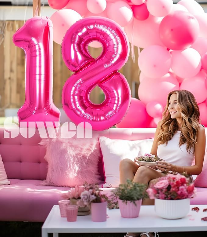 SUWEN 40 Inch Hot Pink Large 18 Number Balloons Big Foil Helium Number Balloons 0-9 Jumbo Happy 18th Mylar Birthday Party Decorations for Girl or Women 81 Anniversary Party Supplies