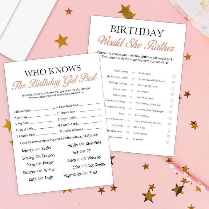 Birthday Party Decoration- Who Knows The Birthday Girl Best-Set of 2 Birthday supplies for 20 guests,Birthday Cards Set -20 Cards,Sweet Party Supplies