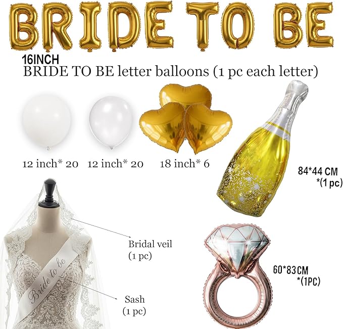Gold Decorations pearl White balloons Bridal Veil BRIDE TO BE Balloons Sash with Diamond Ring Heart Champagne Balloons for Bachelorette Party Decor Bride To Be Bridal Showerr
