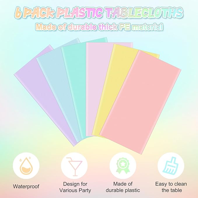 6Pcs Round Pastel Tablecloths, Rainbow Mix Color Plastic Tablecloth Disposable Round Table Covers for Baby Shower,Bridal,Wedding, Easter,Birthday and Ice Cream Party Decoration,84 Inch