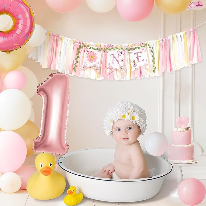 Highchair Banner 1st Birthday Girl Floral and Butterfly Fairy Theme First Birthday Party Decoration for Photo Background