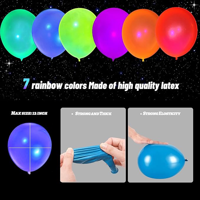 150 Pcs UV Neon Balloons, 7 Colors Blacklight Reactive Fluorescent Balloons Glow in the Dark Birthday Decorations for Birthday, Wedding, Neon Party, Glow Party Decorations Supplies