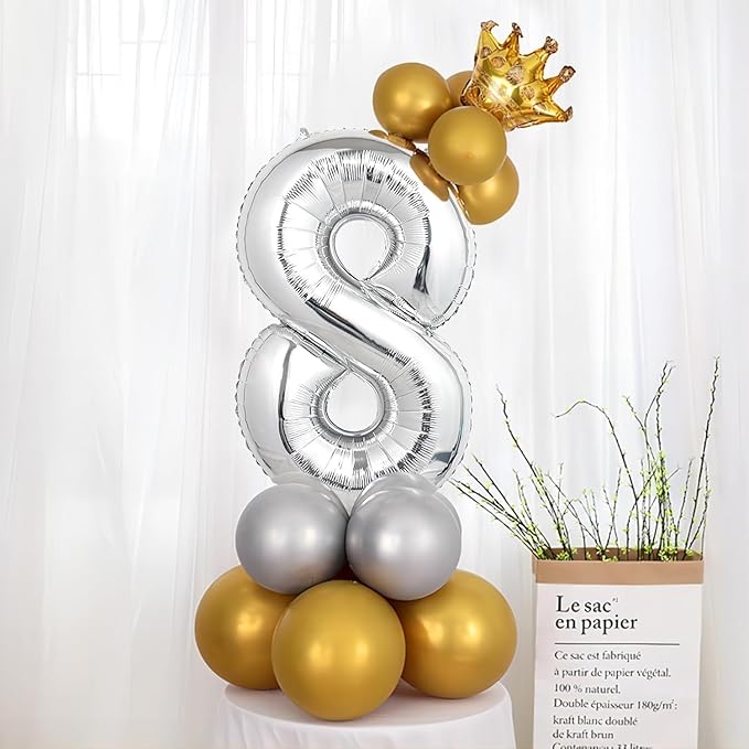 32 In Silver Large Numbers Balloons 0-9, Self Inflating Number 8 Balloons for Boys Girls, Big Silver Digit 8 Balloons for Women Men Birthday Party Anniversary Wedding Supplies Decorations