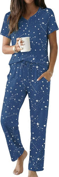 Ekouaer 2 Piece Womens Pajamas V Neck Short Sleeve Top and Long Pants Pjs Print Lounge Set Sleepwear