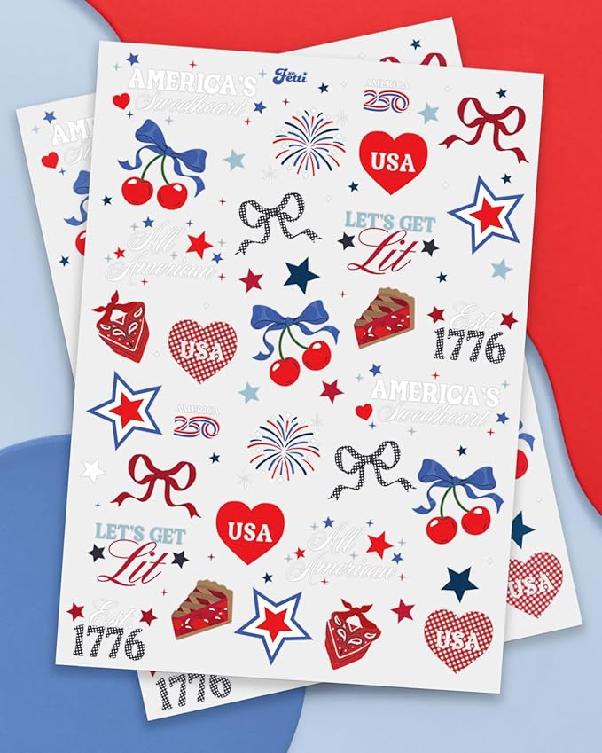 xo, Fetti America 250 Tattoos, 4th of July -60 Temporary Tattoos | USA, Red White Blue, Stars, Fireworks, Patriotic Party Decor, Kids Party, All American