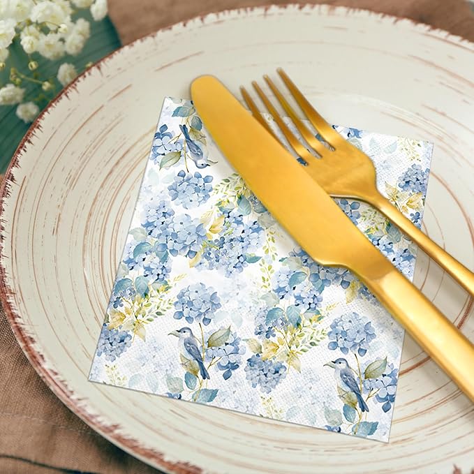 LeZakaa 25Pcs Hydrangea Guest Napkin, 3-Ply Floral Cocktail Beverage Bar Square Disposable Napkins Hand Towels for Wedding Engagement Bridal Shower Birthday, Tableware Party Supplies, 5 x 5 In