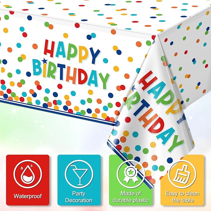 3 Pack Happy Birthday Plastic Tablecloth Decorations,Disposable Colorful Polka Dots Table Cloths,Rectangle Waterproof Table Cover for Girls Boys Birthday Baby Shower Party Decorations,54x108 Inch