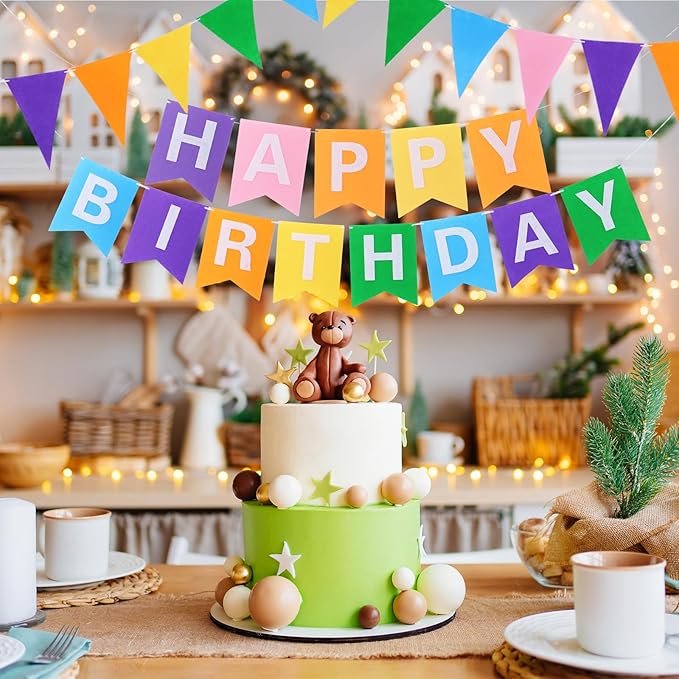 Irenare 4 Pieces Happy Birthday Banner Colorful Birthday Party Decor Rainbow Felt Garland Banner Party Decorations Supplies (Macaron Color)