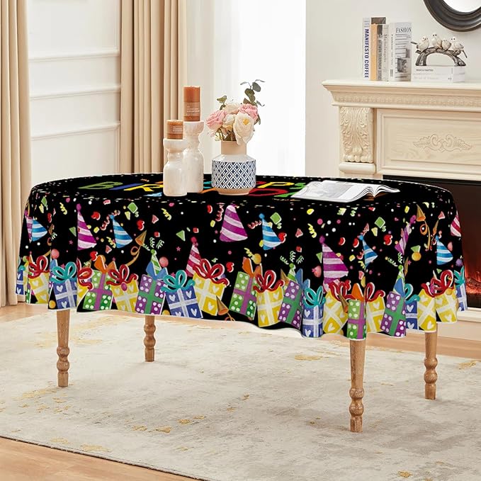Horaldaily Birthday Tablecloth 60x84 Inch Oval, Happy Birthday Ballon Black Washable Seasonal Table Cover for Party Picnic Dinner Decor