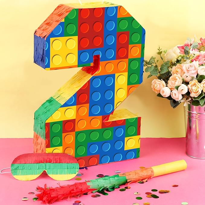 Building Blocks Number 2 Pinata with Pinata Stick & Blindfold 2th Birthday Party Decorations for Kids Happy Birthday Building Block Theme Party Supplies for Boys Girls (16 x 10.6 x 3 In)