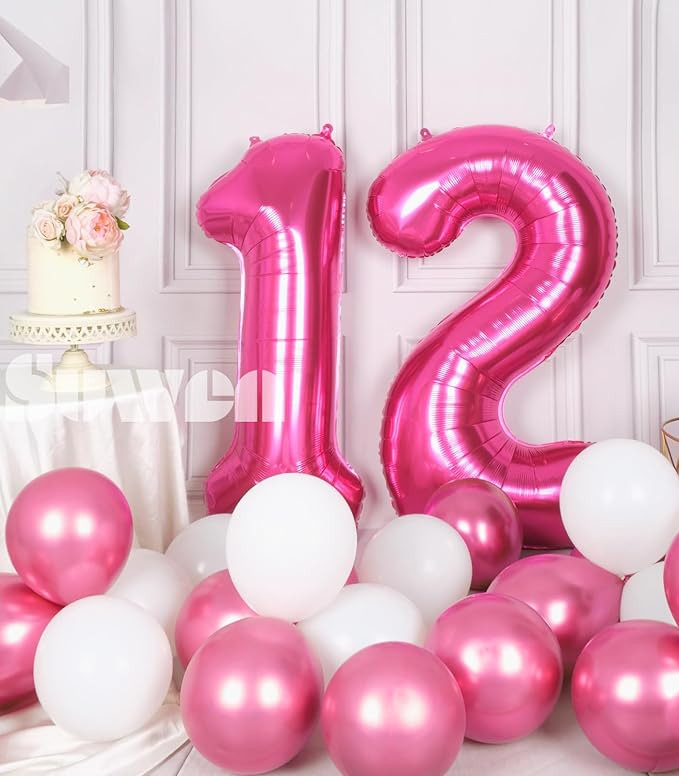 SUWEN 40 Inch Hot Pink Large 12 Number Balloons Big Foil Helium Number Balloons 0-9 Jumbo Happy 12th Mylar Birthday Party Decorations for Girl or Women 21 Anniversary Party Supplies